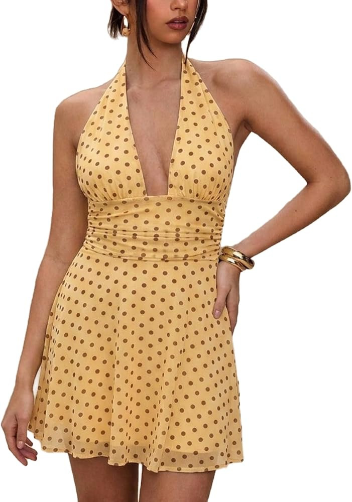 Milumia Women's Polka Dots Halter Mini Dress Sexy Deep V Neck Short Dresses | Amazon (US)