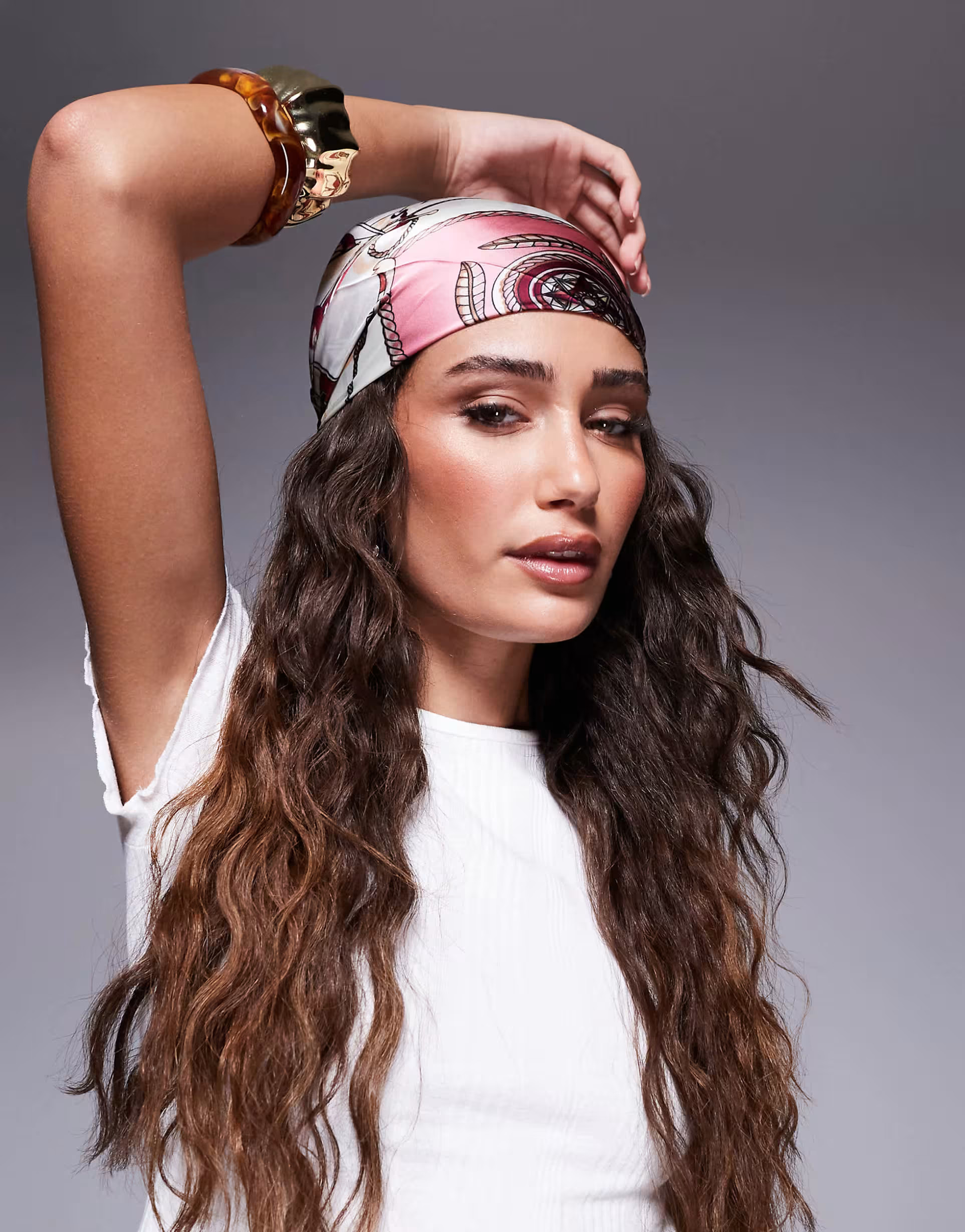 Kaiia satin hair scarf in pink and cream multi print | ASOS (Global)