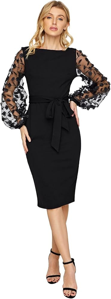 SheIn Women's Elegant Mesh Contrast Bishop Sleeve Bodycon Pencil Dress | Amazon (US)