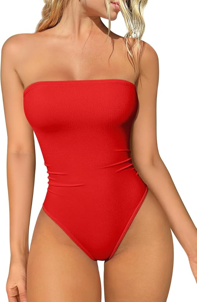 OQQ Womens Tube Bodysuits Strapless Basic Sleeveless Ruched Stretch Classic-Fit Tops Sexy Bodysui... | Amazon (US)