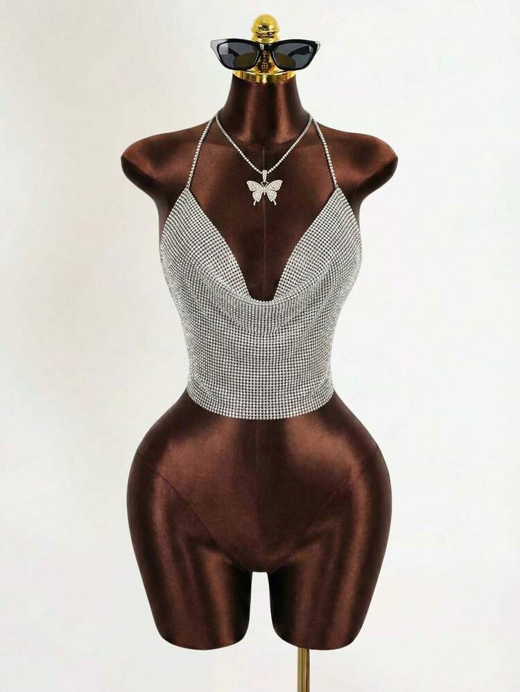 Chiquease Draped Collar Chain Detail Backless Crop Metallic Halter Top For New Year Holiday Party... | SHEIN