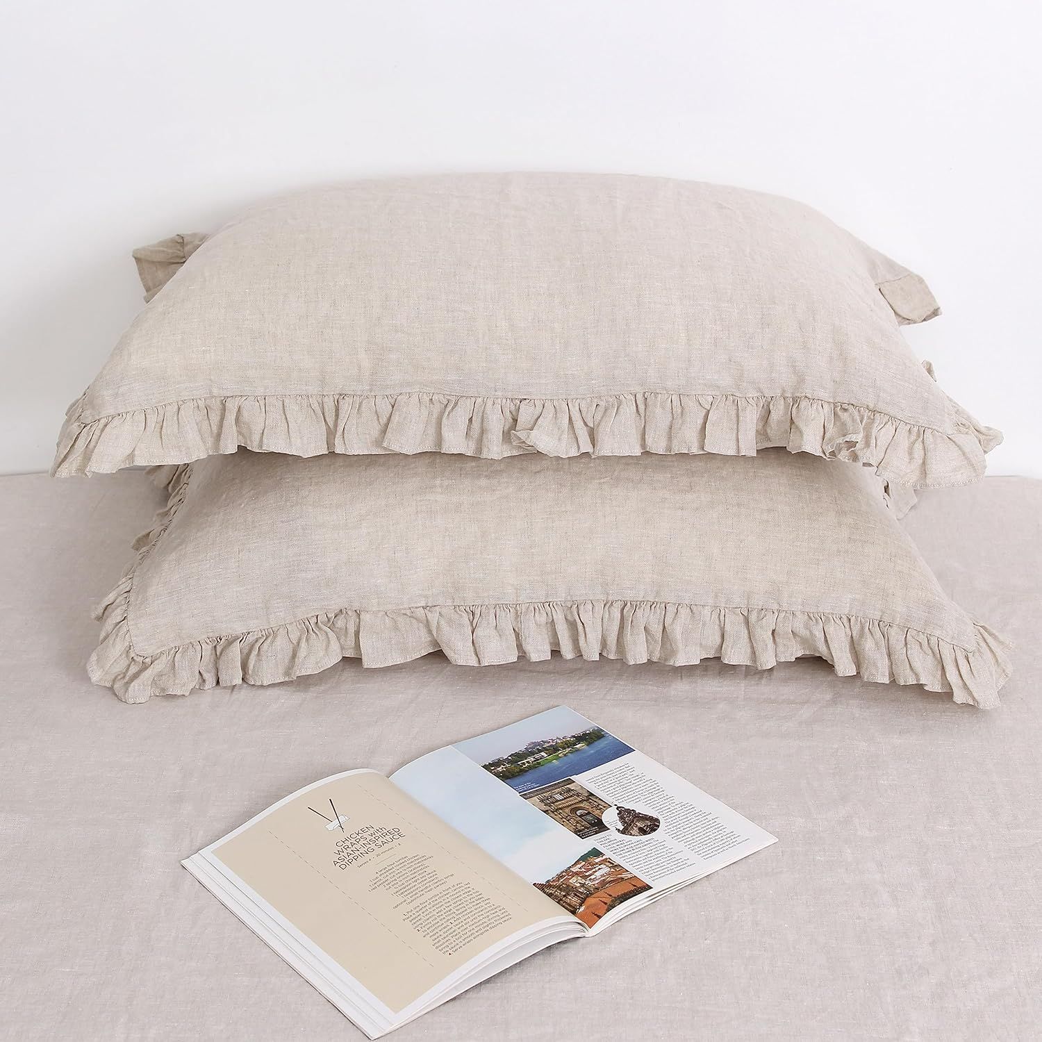 L Linen World Linen Ruffled Pillow Cases,100% French Natural Linen Pillowcase Set of 2,Ruffled Li... | Amazon (US)