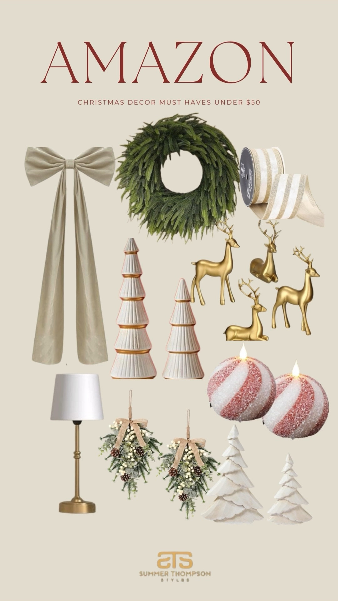 Affordable Christmas accents under $50.😍
Velvet bow. Cedar wreath. Gold reindeer. Tree figurines. Ribbon rolls. Peppermint candles. Mini swags. Brass lamp. Neutral tabletop trees.

#AmazonHome #HolidayDecor #ChristmasOnABudget



#LTKSeasonal #LTKHoliday #LTKHome
