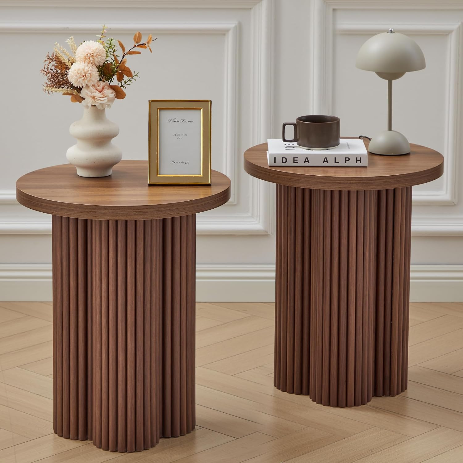 Small Sofa Side Table Set of 2, Fluted Accent Pedestal End Table, Wood Round Night Stand, Farmhouse Bed Side Table Drink Tables for Living Room, Small Spaces (Walnut-2PCS) | Amazon (US)