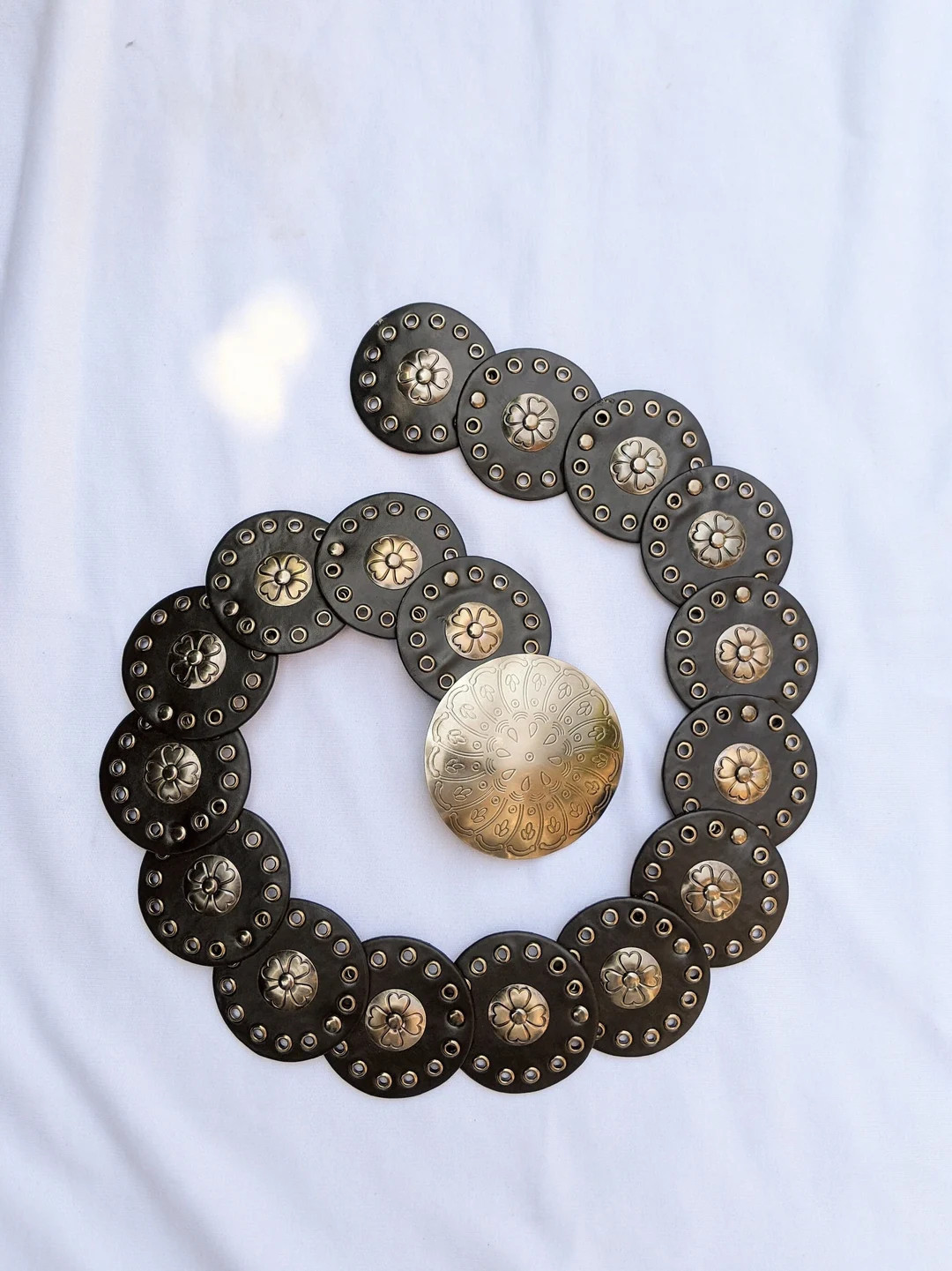 Y2k Black Boho Disc Belt Vintage 2000s Concho Belt Leather Round Buckle Trendy Embossed Pinterest... | Etsy (US)