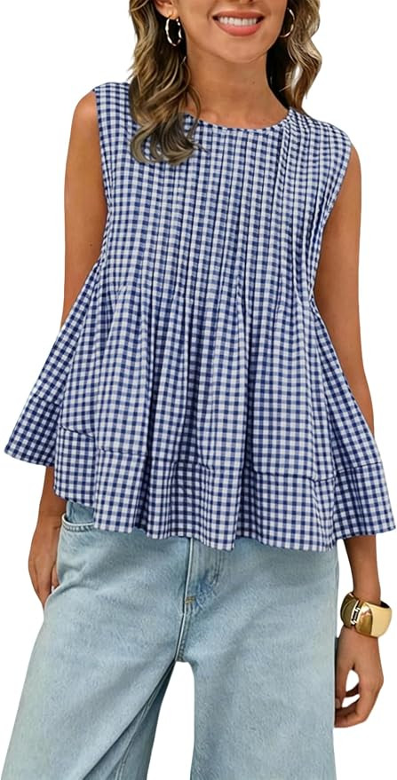 Megfie Womens Summer Pleated Peplum Sleeveless Blouse Tank Tops Round Neck Y2K Babydoll Blouse Sh... | Amazon (US)