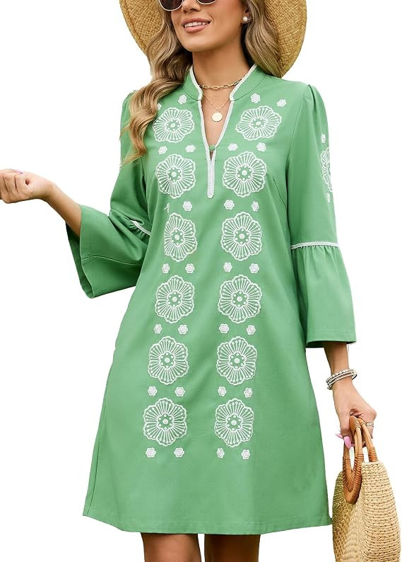 Kedera Womens Summer Embroidered Lace Floral Tunic Dress 3/4 Puff Sleeve V Neck Mini Dress with P... | Amazon (US)