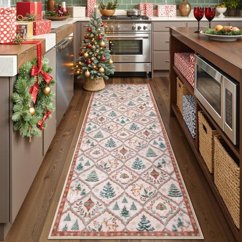 Lahome Christmas Kitchen Runner Rug, 2x6 Christmas Bathroom Rugs Washable Non Slip Runner, Beige Print Reindeer Tree Soft Non Shedding Floor Runners for Entryway Laundry (Beige/Red) | Amazon (US)
