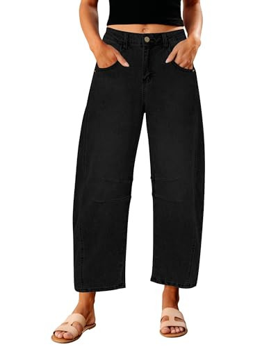 GRAPENT Barrel Jeans for Women Balloon Wide Leg Cropped Trendy Jeans Boyfriend High Waisted Jean Pants Casual Stretchy Summer Denim Trousers Color True Black Large Size 12 to 14 | Amazon (US)