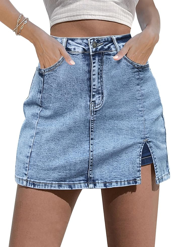 luvamia Skorts Skirts for Women Denim Mini Skirt Side Slit with High Waisted Jean Shorts Stretchy | Amazon (US)