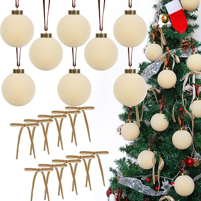 15PCS Ivory White Velvet Christmas Balls 3.15", Flocked Ornaments Combo with 10PCS Velvet Bows, N... | Amazon (US)