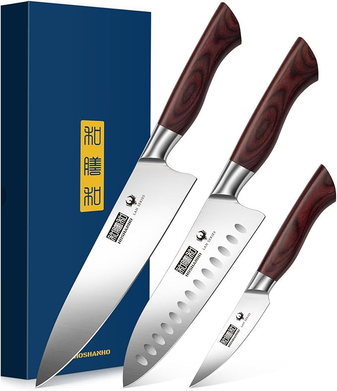 HOSHANHO 3-Piece Kitchen Knife Set, Ultra Sharp Chef/Santoku/Paring Knives,Professional High Carb... | Amazon (US)