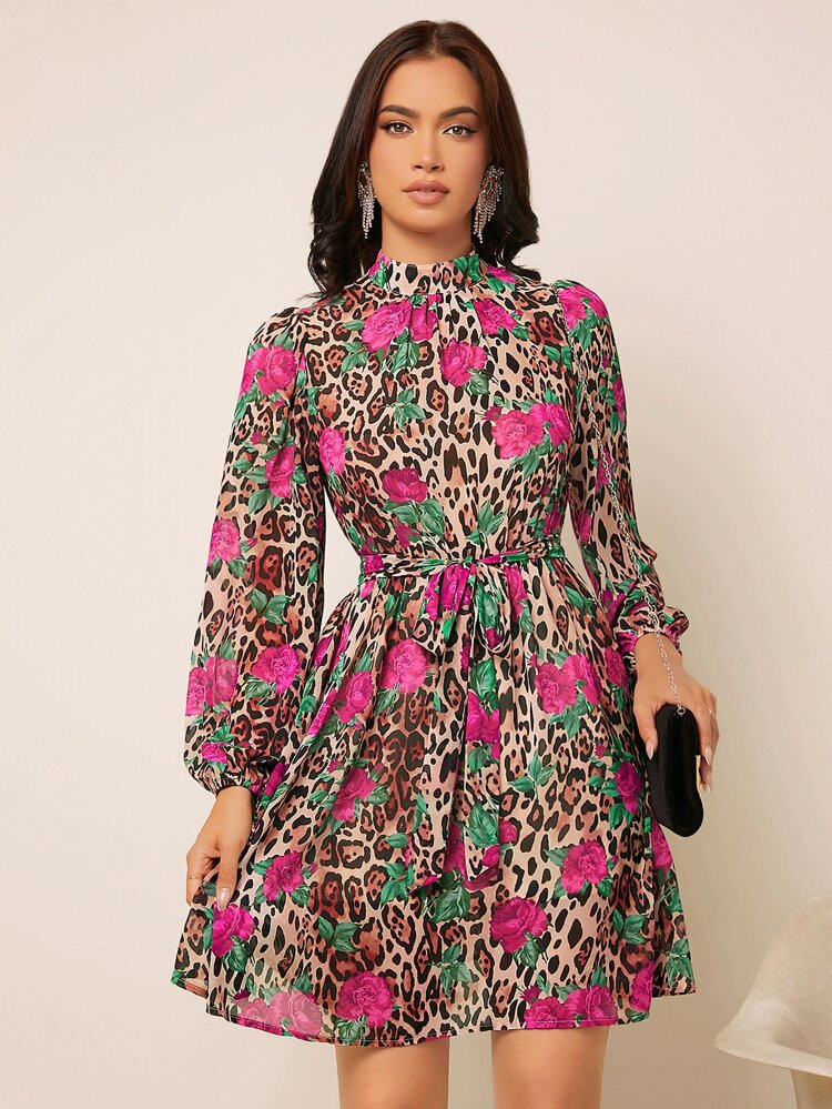 SHEIN Floral & Leopard Print Lantern Sleeve Belted Dress | SHEIN
