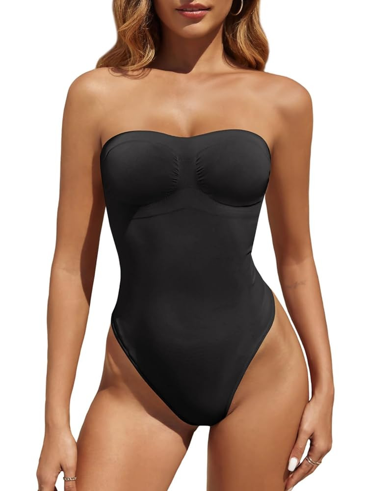 Fisoew Women's Strapless Shapewear Tummy Control Thong Bodysuit One Piece Tube Top Seamless Body ... | Amazon (US)