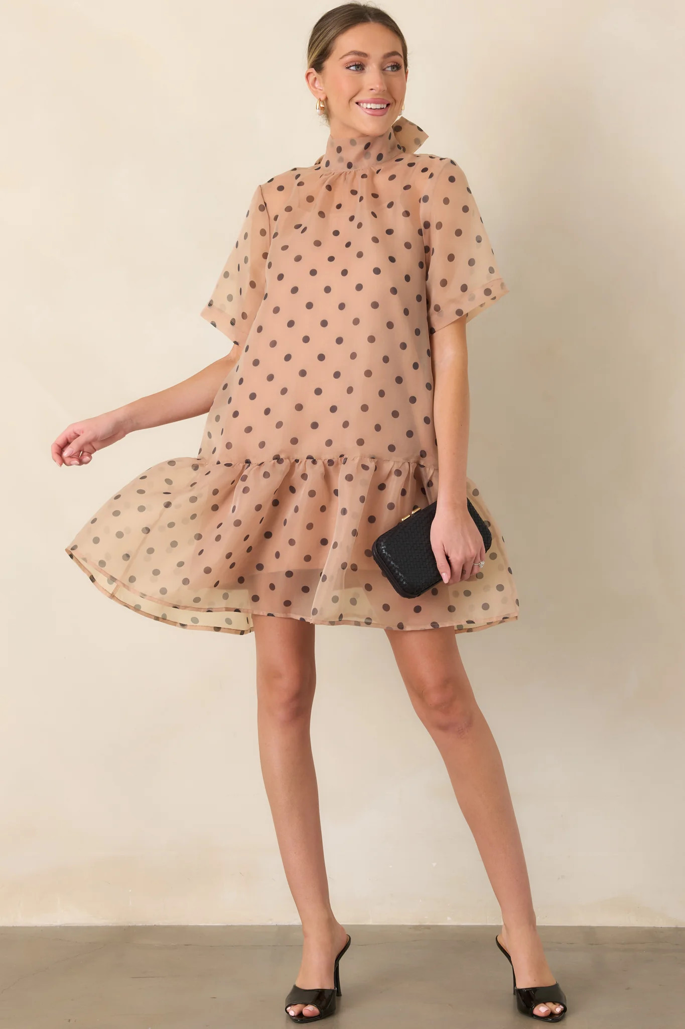 Spot On Style Beige Polka Dot Ruffle Hem Mini Dress | Red Dress