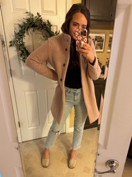 Love this outfit, it just feels so very MOI. 💕✨ Coat is old from Old Navy. Linking a similar bodysuit. These jeans are swirl of my faves- I feel so good in them! Stretchy, light wash, a little distressed, **chefs kiss**

#LTKsalealert #LTKstyletip #LTKfindsunder50
