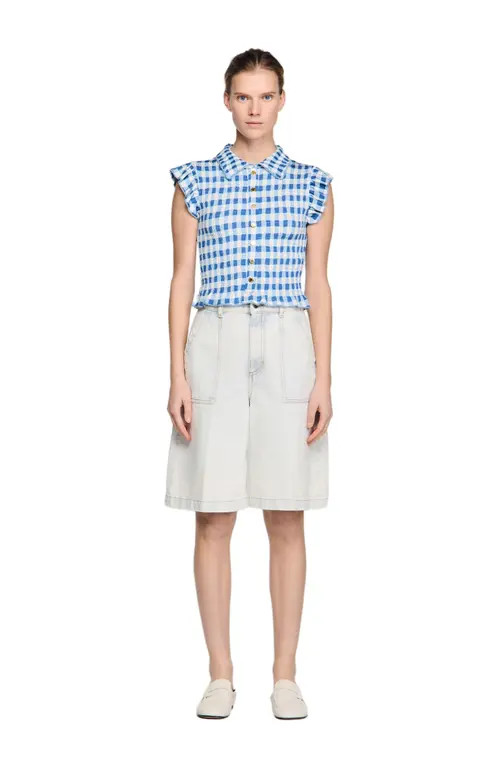 SANDRO Check smocked T-shirt in Blu /White at Nordstrom, Size Small | Nordstrom