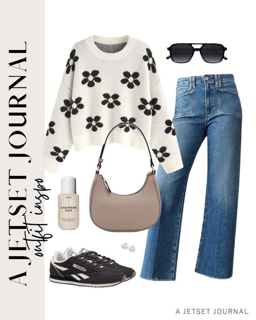 The last outfit pairs a white CIDER floral sweater with wide-leg jeans from Astylish. This look goes well with Reebok Classic AZ Legacy sneakers and a small crescent shoulder bag from FashionPuzzle. Wear your SOJOS retro aviator sunnies and spray this PHLUR Cashmere Skin Body Mist to complete the look. 

 #LTKSeasonal #LTKSaleAlert #LTKTravel