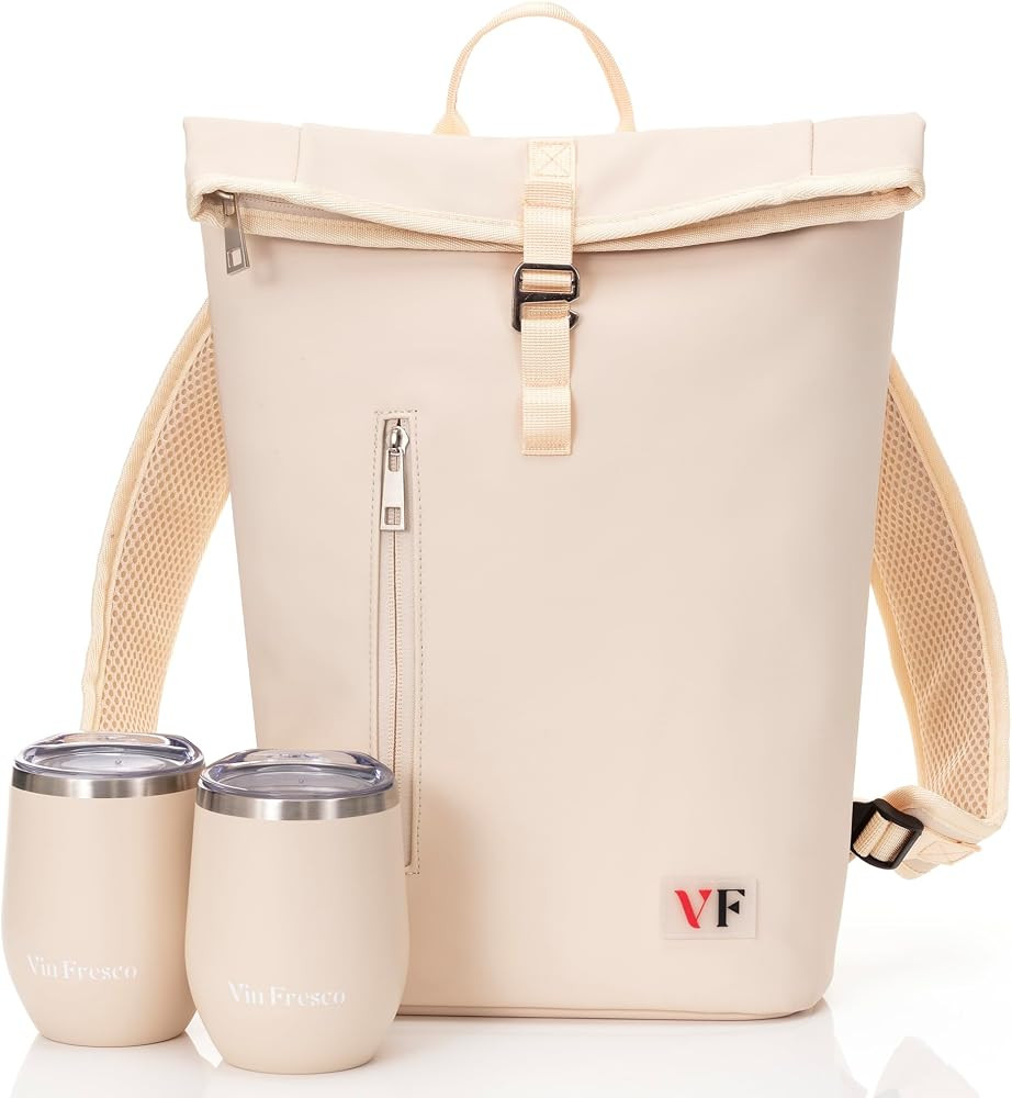 VIN FRESCO Two Bottle Rolltop Wine Tote Bag \u2013 Stylish PU Leather Backpack with Matching Tumb... | Amazon (US)