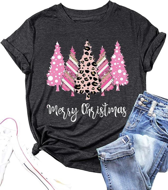 MYCHTE Merry Christmas Tshirt Women Leopard Print Christmas Tree Shirt Short Sleeve Casual Xmas H... | Amazon (US)
