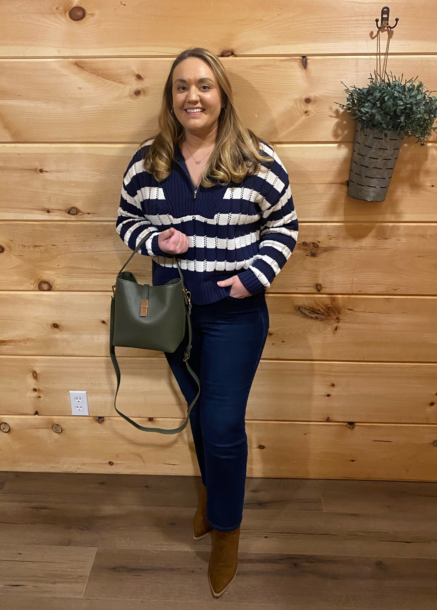Striped sweater, quarter zip sweater, navy and cream sweater, Target sweater, pullover sweater, mock neck sweater, collared sweater, handbag, bucket bag, olive bag

#LTKMidsize #LTKTravel #LTKFindsUnder50