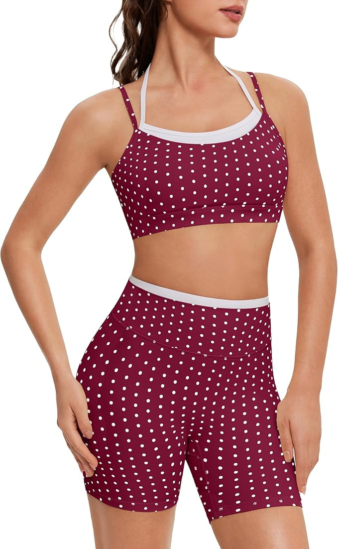 OMKAGI Workout Sets for Women Cute Doubel Layer Open Back Sports Bras Gym Shorts Outfits | Amazon (US)