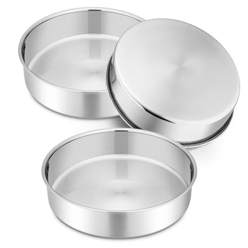P&P CHEF 9 Inch Cake Pan Set of 3, 3 Pieces Round Layer Cake Baking Pans, Stainless Steel Smash Cake Tin Bakeware for Cooking Steaming, Nontoxic & Sturdy, Oven & Dishwasher Safe | Amazon (US)