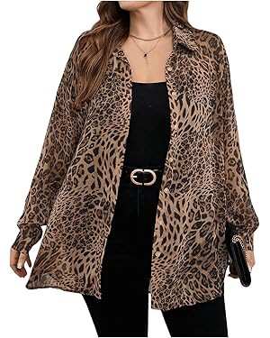WDIRARA Women's Plus Size Leopard Print Sheer Blouse Button Front Long Sleeve Shirt | Amazon (US)