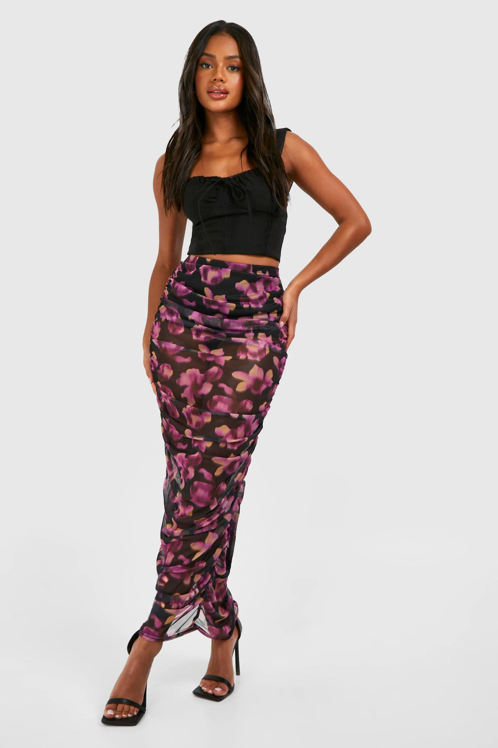 Ruched Mesh Floral Printed Maxi Skirt | boohoo (US & Canada)