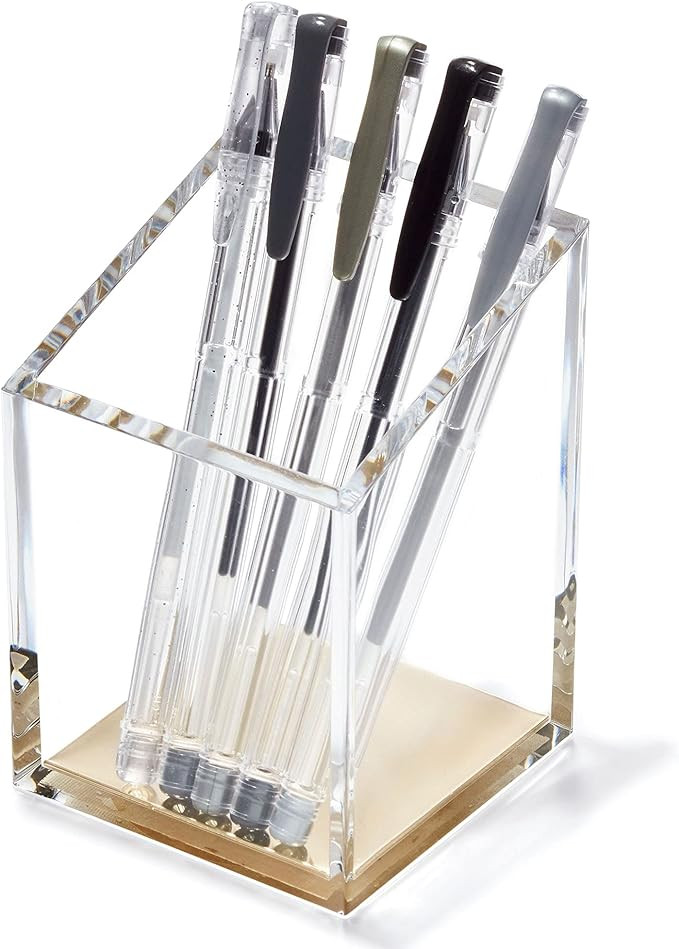 Acrylic Pencil & Pen Holder - Gold Desk Organizer or Makeup Brush Holder for Vanity - Sleek Moder... | Amazon (US)
