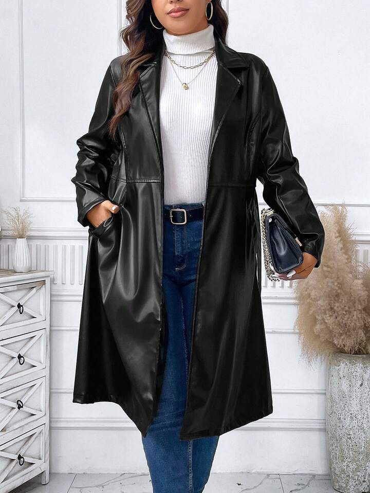SHEIN Essnce Plus Lapel Neck Belted PU Leather Trench Coat | SHEIN