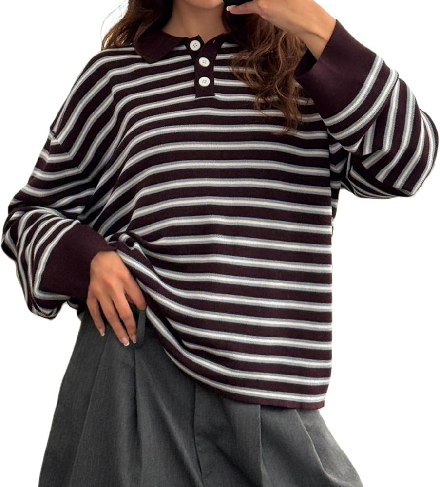 Women Rugby Polo Shirts Oversized Long Sleeve Collared Striped Sweatshirt Y2k Preppy Pullover Top... | Amazon (US)
