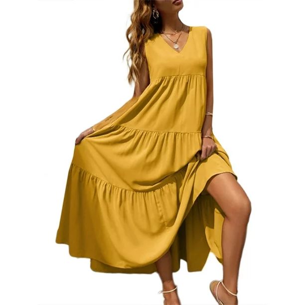 Celmia Women Sleeveless Long Dress Tunic V-Neck Party Casual Pleated Maxi Dresses | Walmart (US)