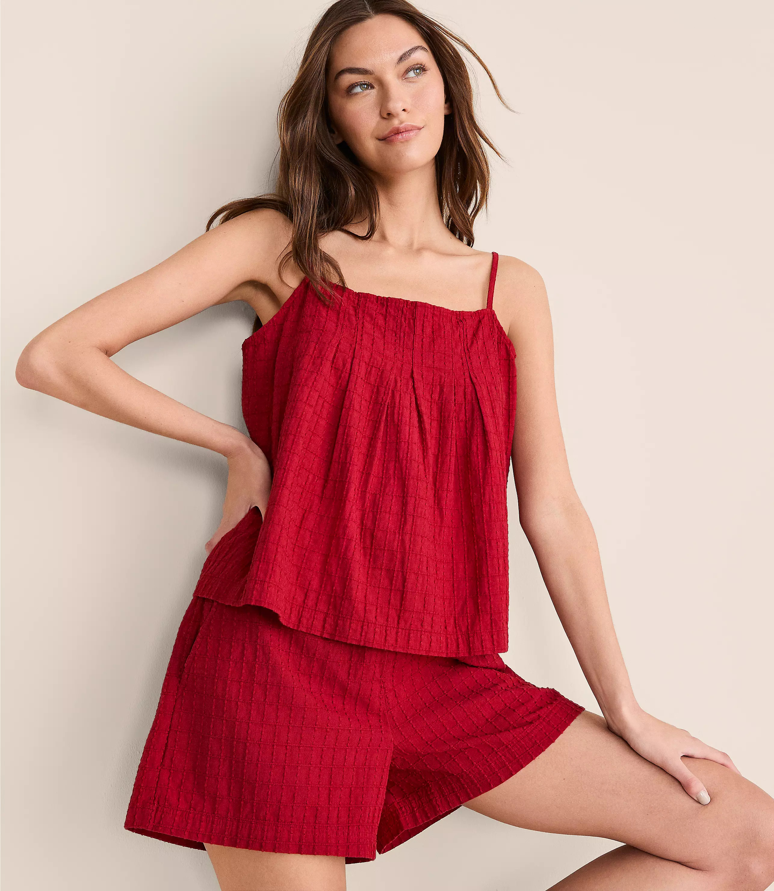Lou & Grey Grid Linen Cotton Pleated Cami | LOFT