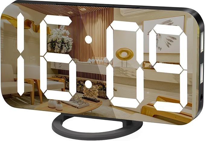 Digital Alarm Clock, Mirror LED Desk Clock with Large Display, Black | 3 Brightness Levels, 12/24... | Amazon (US)