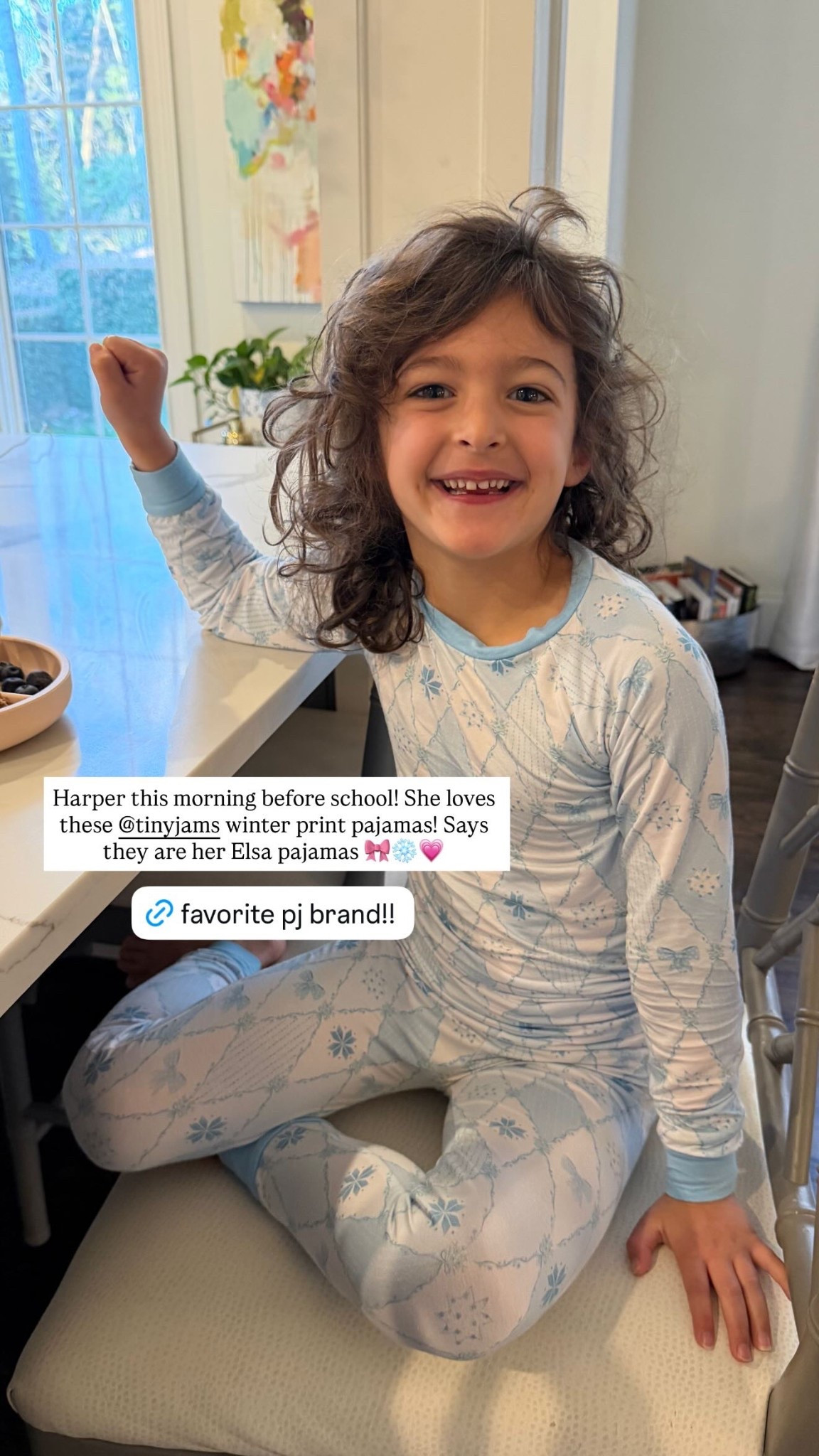 Harper this morning before school! She loves these @tinyjams winter print pajamas! Says they are her Elsa pajamas 🎀❄️💗

Kid’s pajamas, pajama set, winter pajamas, Katy Harrell 

#LTKKids