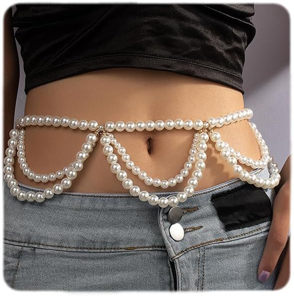 YERTTER Vintage Pearl Waist Chain Dangle Pearl Body Chain Decoration with Dress Shirt Corset Pepl... | Amazon (US)