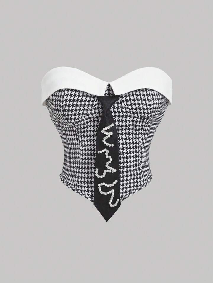 SHEIN MOD Women Houndstooth Print Splicing Casual Tie Neck Tube Top | SHEIN