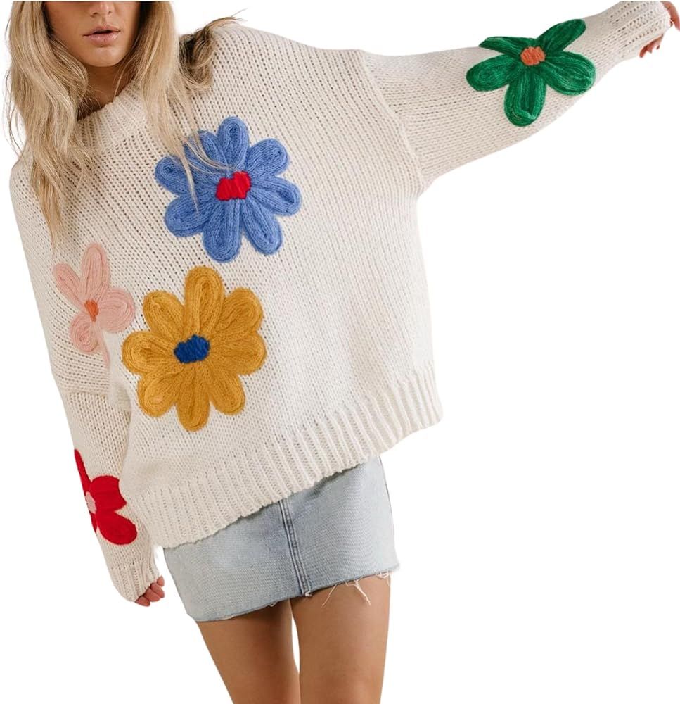 Women Floral Sweater Long Sleeve Round Neck Casual Lounge Colorful Flower Knit Pullover Top | Amazon (US)