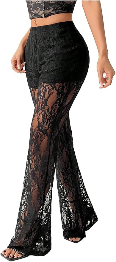 Verdusa Women's Plus Size Floral Lace Flare Pants Goth Sheer High Waist Rave Trousers | Amazon (US)