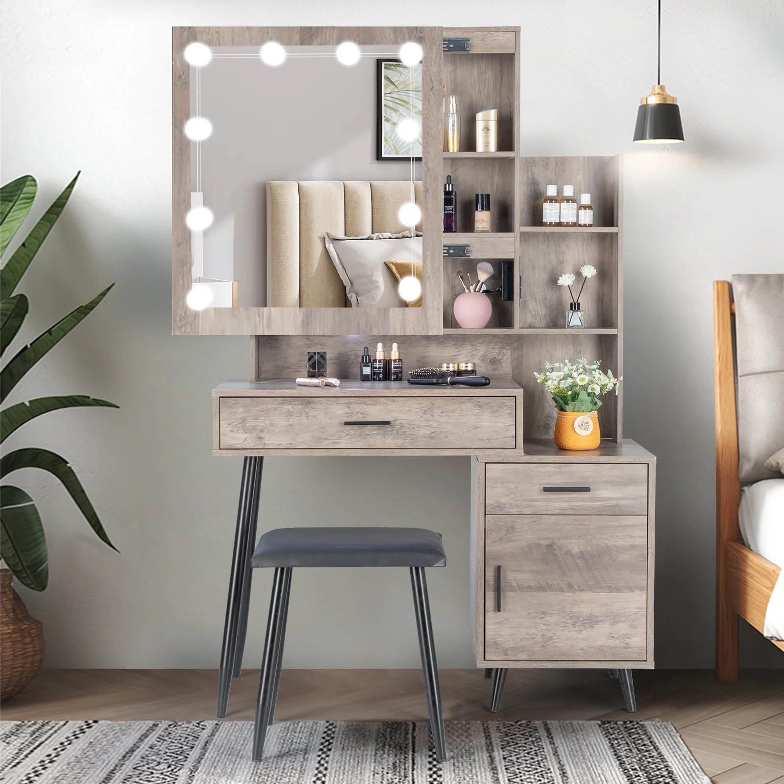 Ktaxon Lighted Vanity Table Set with USB Charging Station, Makeup Dressing Table with Sliding Mir... | Walmart (US)