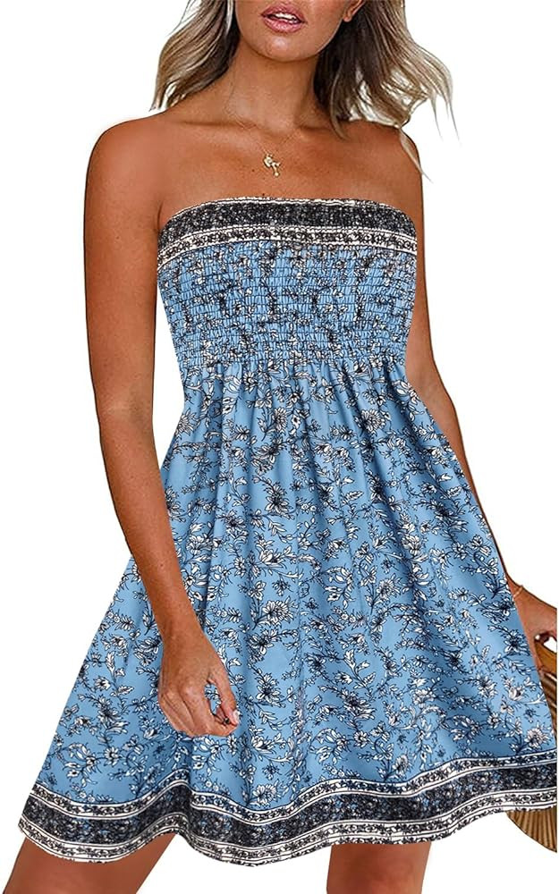 CHICGAL Summer Dresses for Women Beach Cover Ups Strapless Boho Floral Print Sundress | Amazon (US)