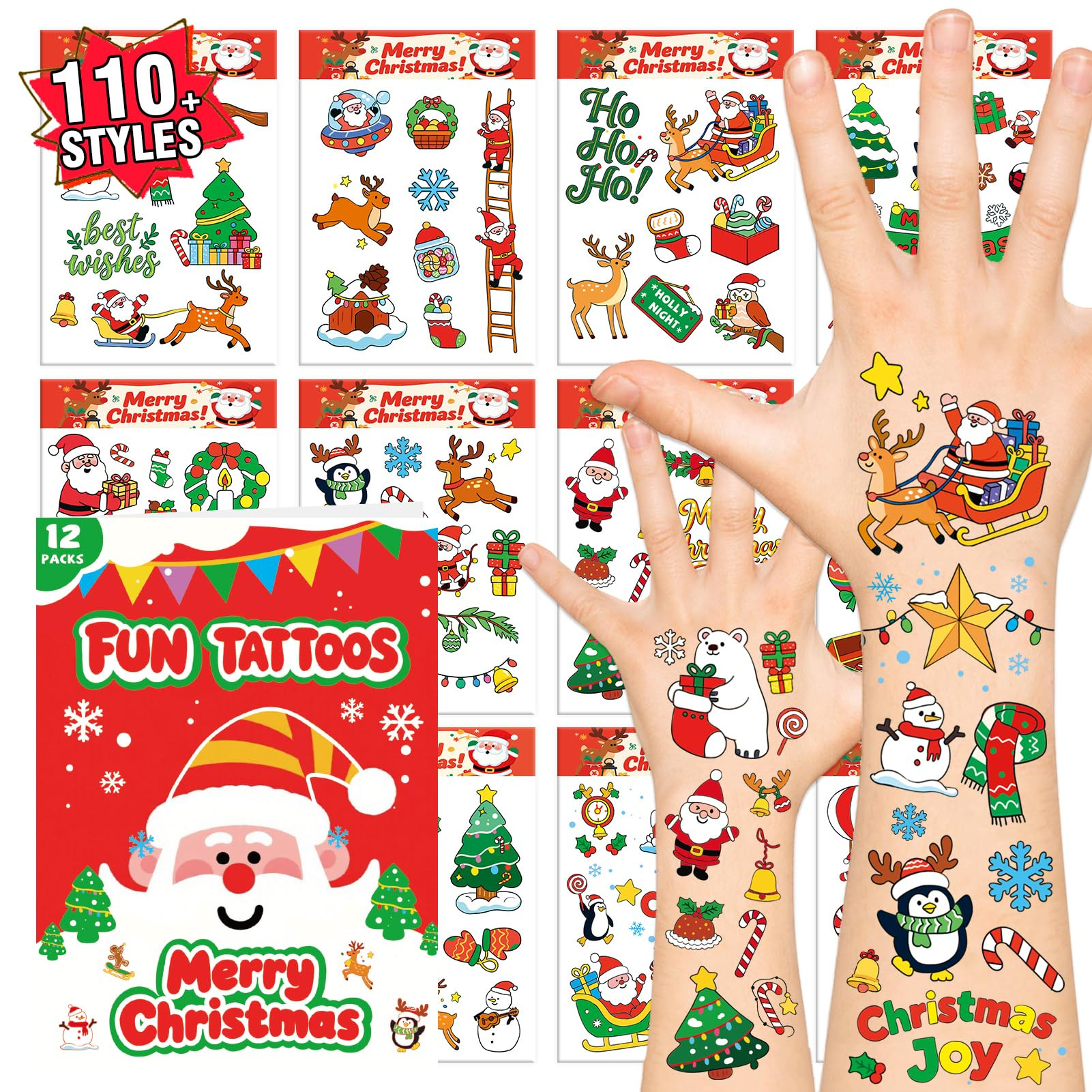 PARTYWIND 110+ Styles Christmas Decorations Tattoos, 12 Sheets Christmas Stocking Stuffers for ki... | Amazon (US)