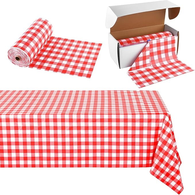 54 Inch x 300 Ft Red Checkered Plastic Table Cloth Roll Disposable Waterproof Table Cover with Ea... | Amazon (US)