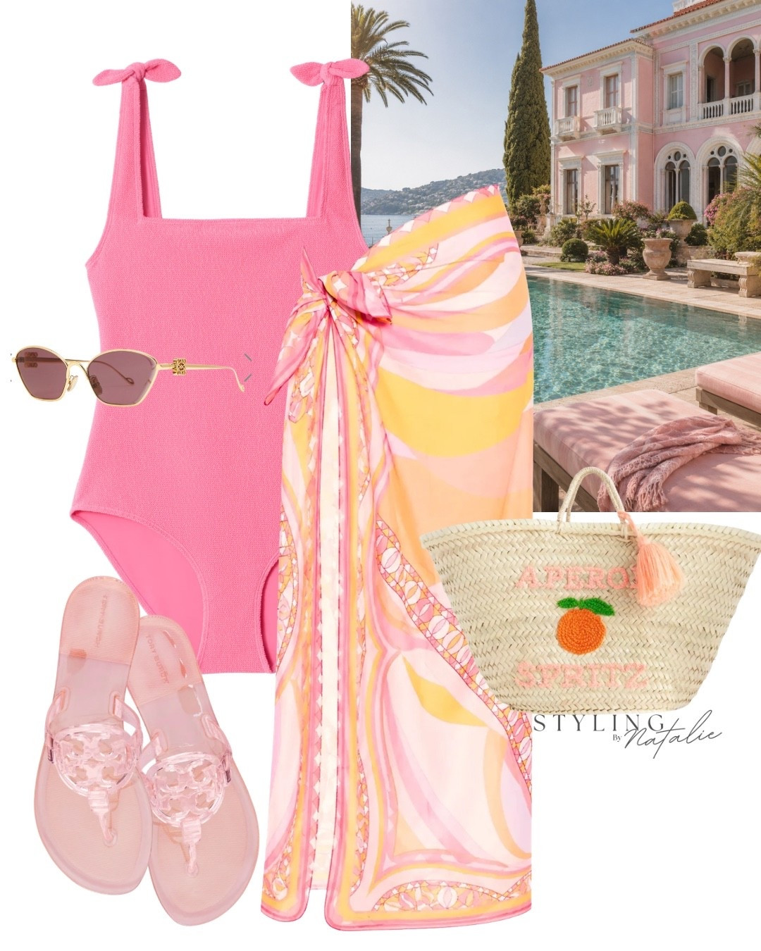 Beach wear style 💖🧡Pink crinkle swimsuit, paisley print sarong, Tory Burch pink jelly sandals. Beach tote bag and Loewe sunglasses. 
Beach outfit, beach club, swimwear,  pucci style, poolside glamour, vacation outfit, holiday outfit, summer style

#LTKsummer #LTKswimwear #LTKeurope