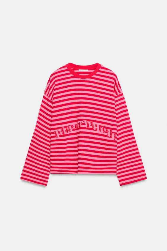 OVERSIZE FIT - ROUND NECK - REGULAR LENGTH - LONG SLEEVELong sleeve T-shirt with a contrast ribbe... | Zara IT