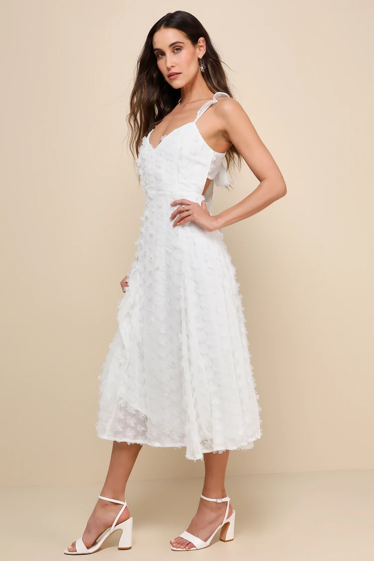 Darling Flirtation White 3D Floral Applique Tie-Back Midi Dress | Lulus