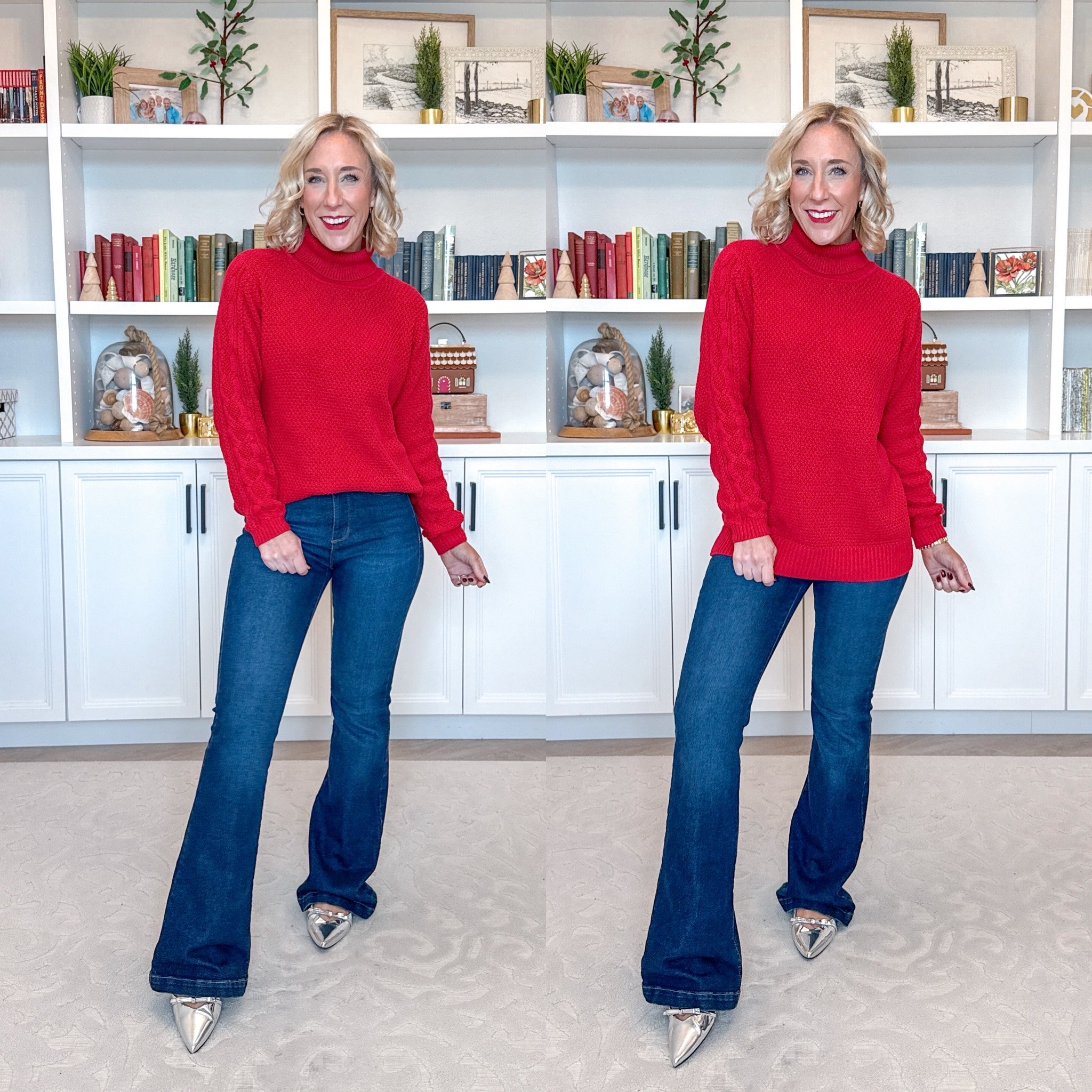 Walmart - holiday finds under $27! #walmartpartner 
 
Slingback Kitten Heels - tts. On sale $29.99. 

Turtleneck Sweater w/ Cable Sleeves - size XS. On sale $10. 5 colors. 7. Flare High Rise Jeans - size 2 (could have done a 0). $25. 

 @walmartstyle #walmartstyle

 

#LTKSeasonal #LTKHoliday #LTKFindsUnder50