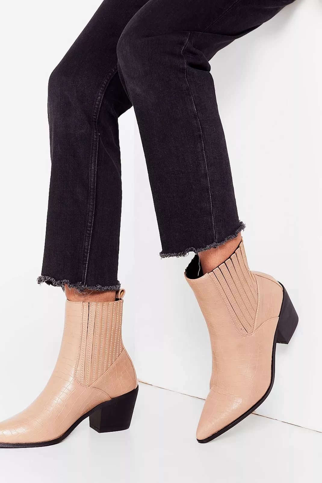 Faux Leather Croc Pointed Ankle Boots | NastyGal (UK, IE)
