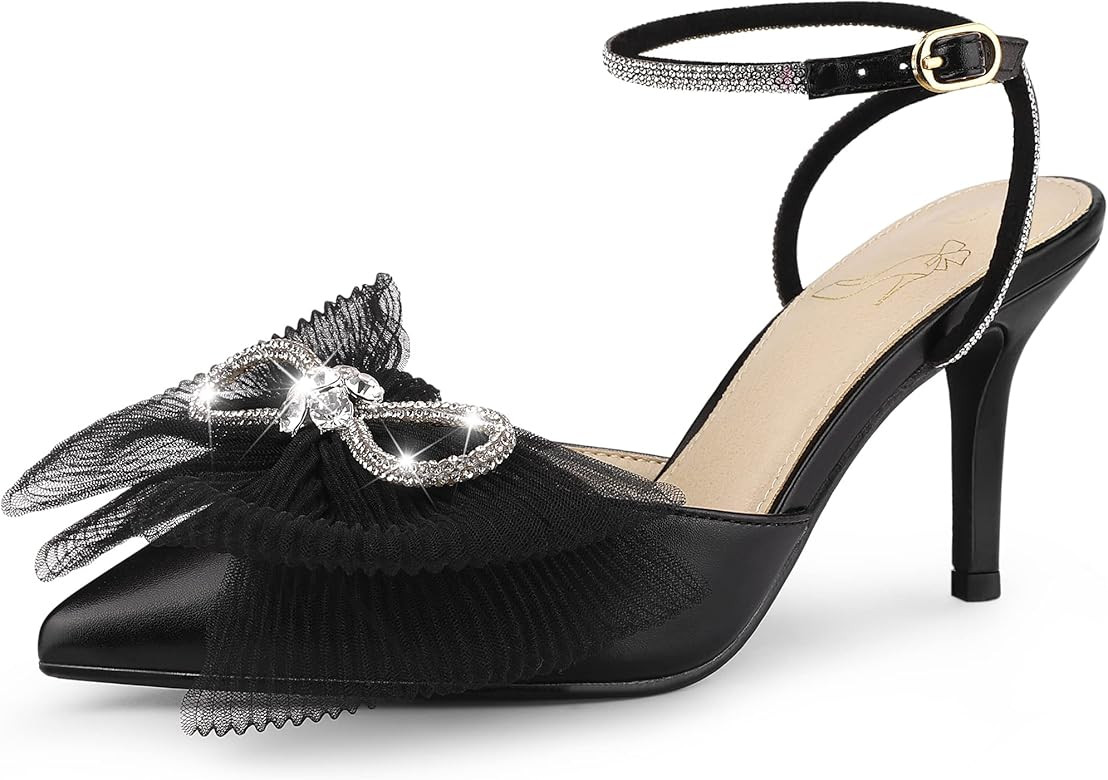 Perphy Rhinestone Mesh Bow Slingback Stiletto Heel Pumps for Women | Amazon (US)